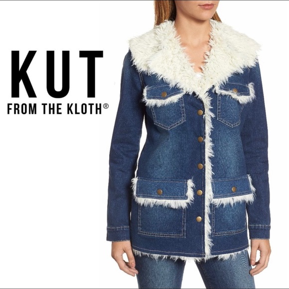 🥳HP🥳 KUT From The Kloth Faux Shearling Trim Denim Jacket - Picture 1 of 7
